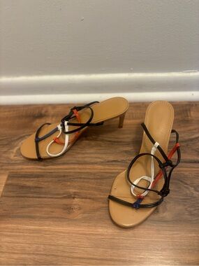 Zara Tan Heel Sandals with Black, Red, Blue & White Straps